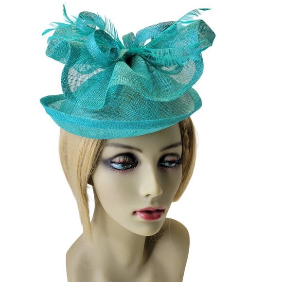 Teal Blue Fascinator with an Upturned Brim Sinamay Loops Rosettes and Feathers - Picture 6 of 16